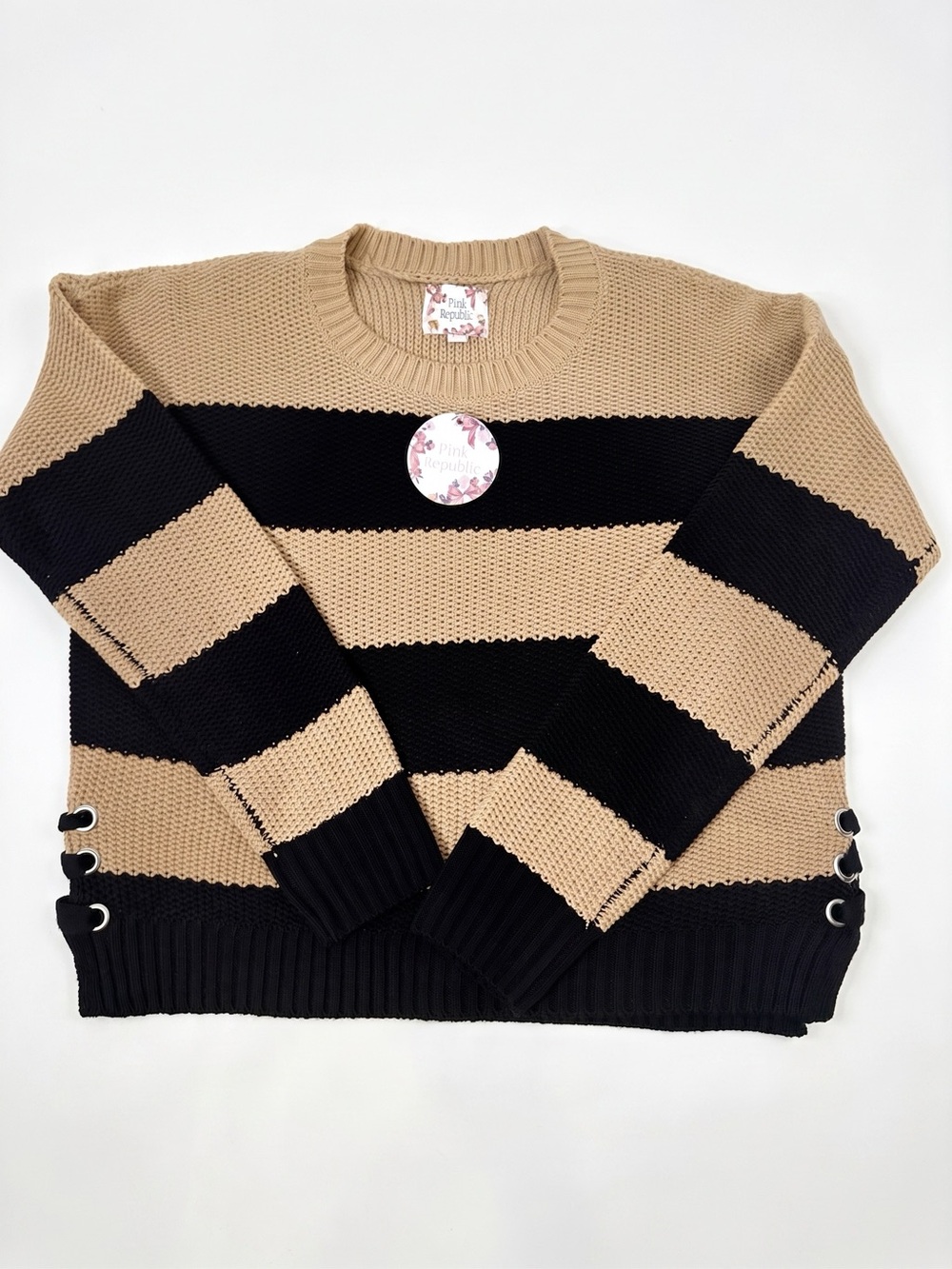 Pink Republic Beige and Black Striped Crew Sweater - Picture 2 of 4